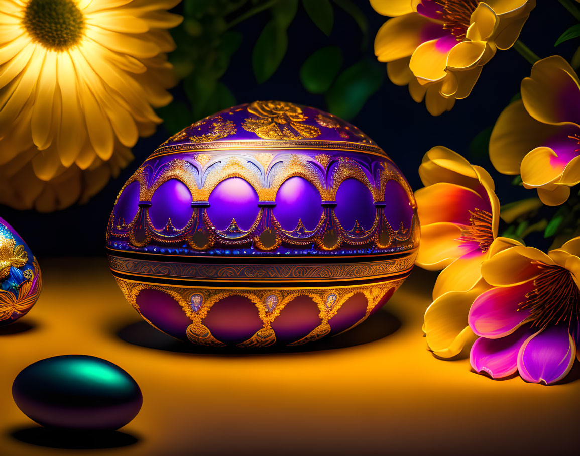 Decorative purple and gold egg with illuminated flowers on dark background