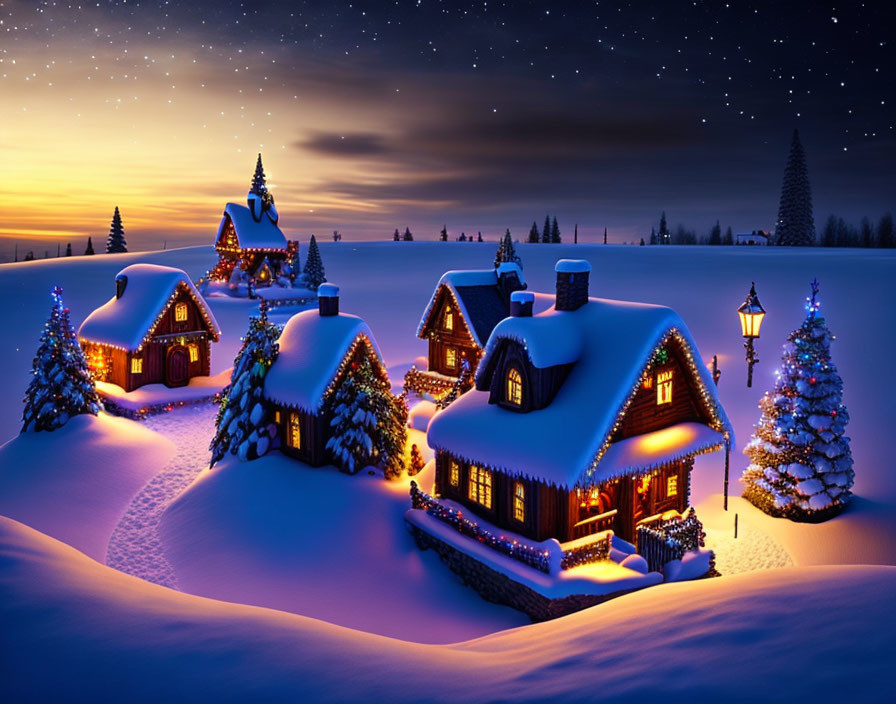 Snow-covered houses with Christmas lights at twilight: starry sky, Christmas tree, street lamp