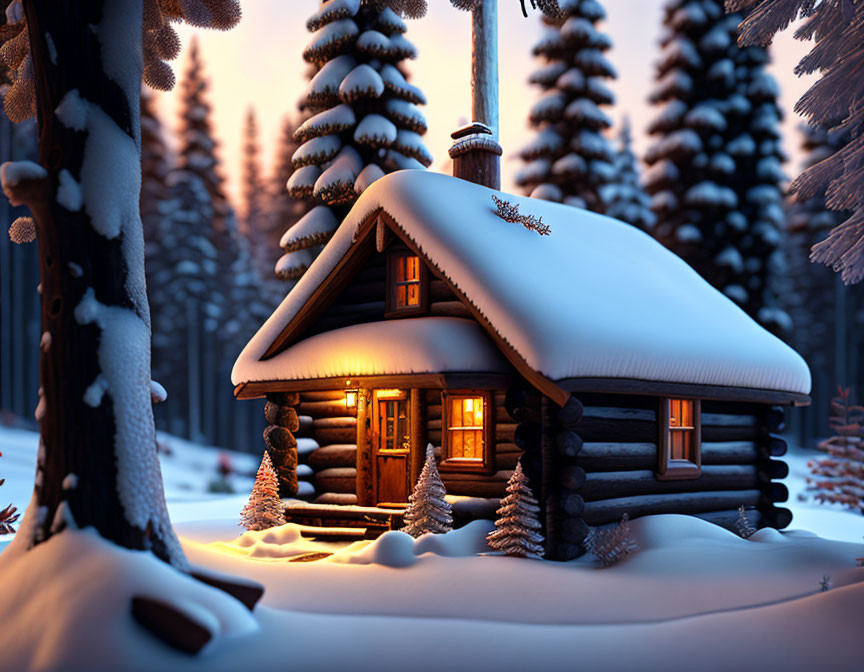Snowy forest log cabin at dusk with glowing windows