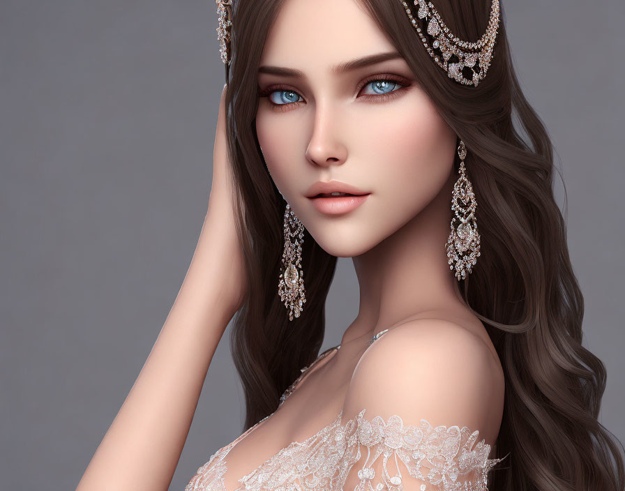 Portrait of Woman with Blue Eyes, Jewelry, Tiara, Makeup, and Lace Dress