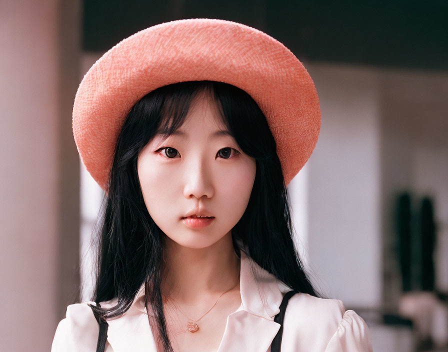 Dark-haired woman in white blouse and peach beret gazes contemplatively.