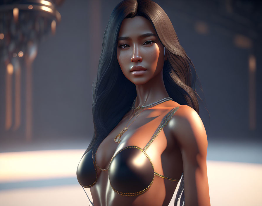 3D Rendered Image of Woman in Gold Bikini Top