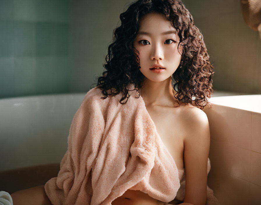 Curly-haired woman in towel by bathtub with serene expression