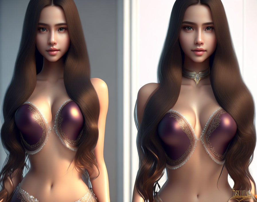 Digital artwork: Woman with long brown hair in gold-and-purple lingerie, displayed in mirrored poses.