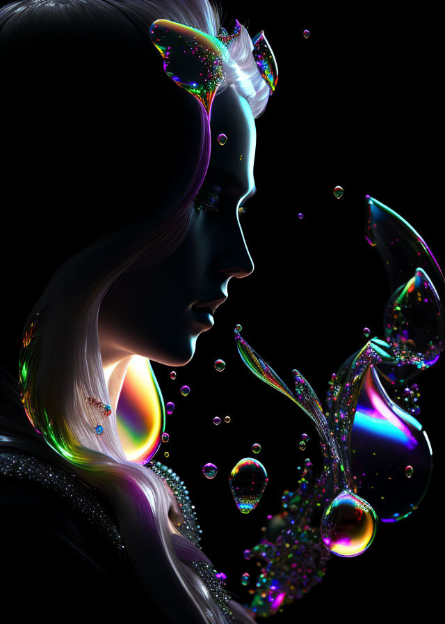 Profile of woman with iridescent bubbles on black background