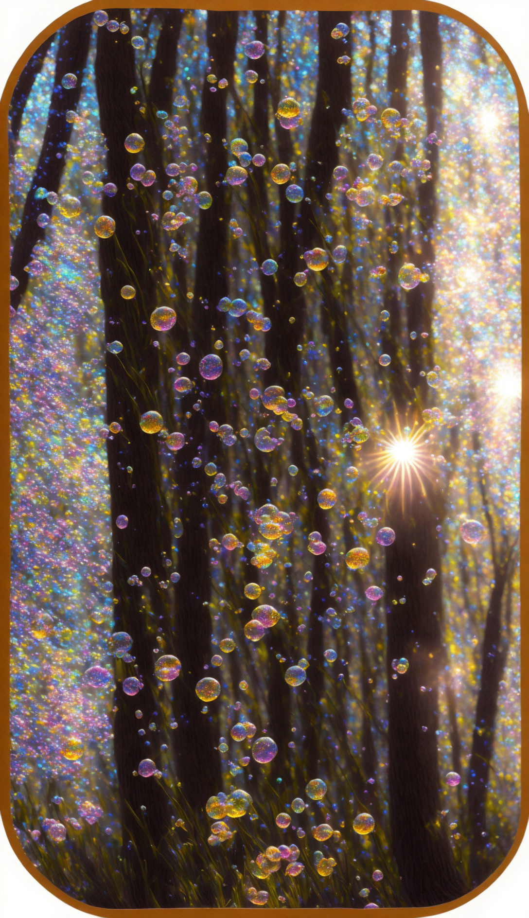 Sunlit Forest with Bubbles and Bokeh Background