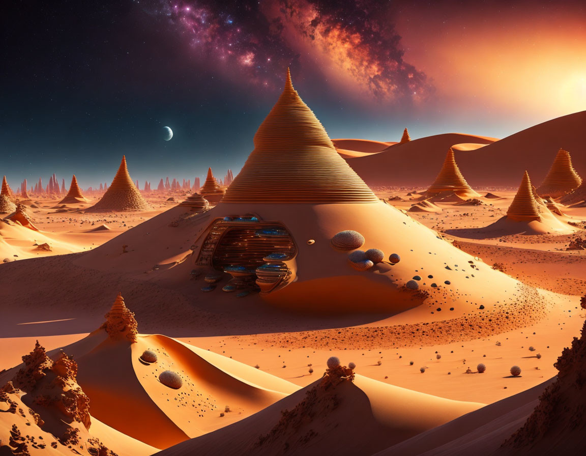 Surreal desert landscape with conical formations and futuristic structure