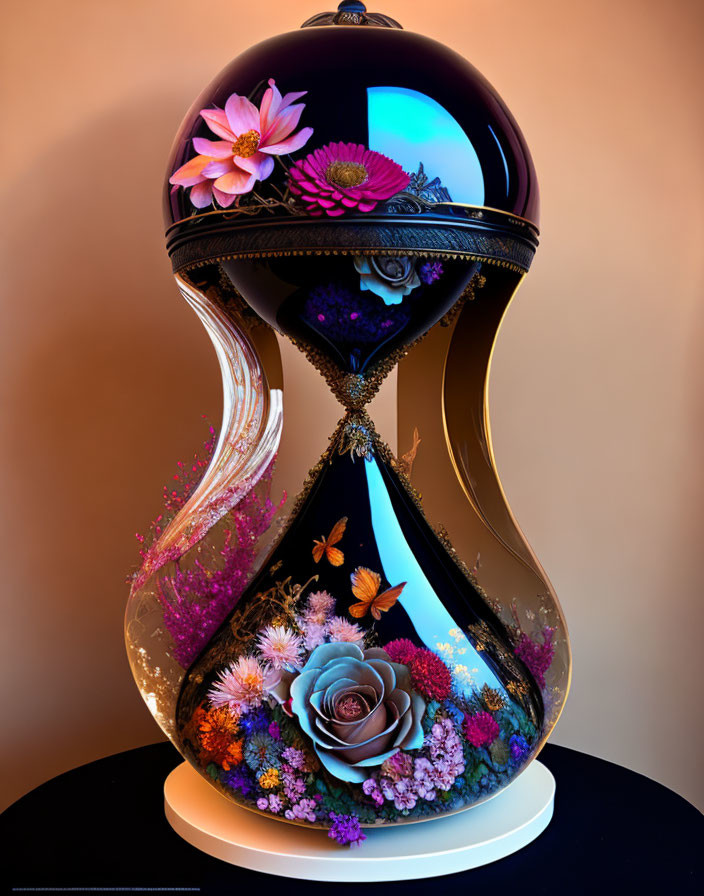 Colorful Hourglass with Flowers and Butterflies on Gradient Background