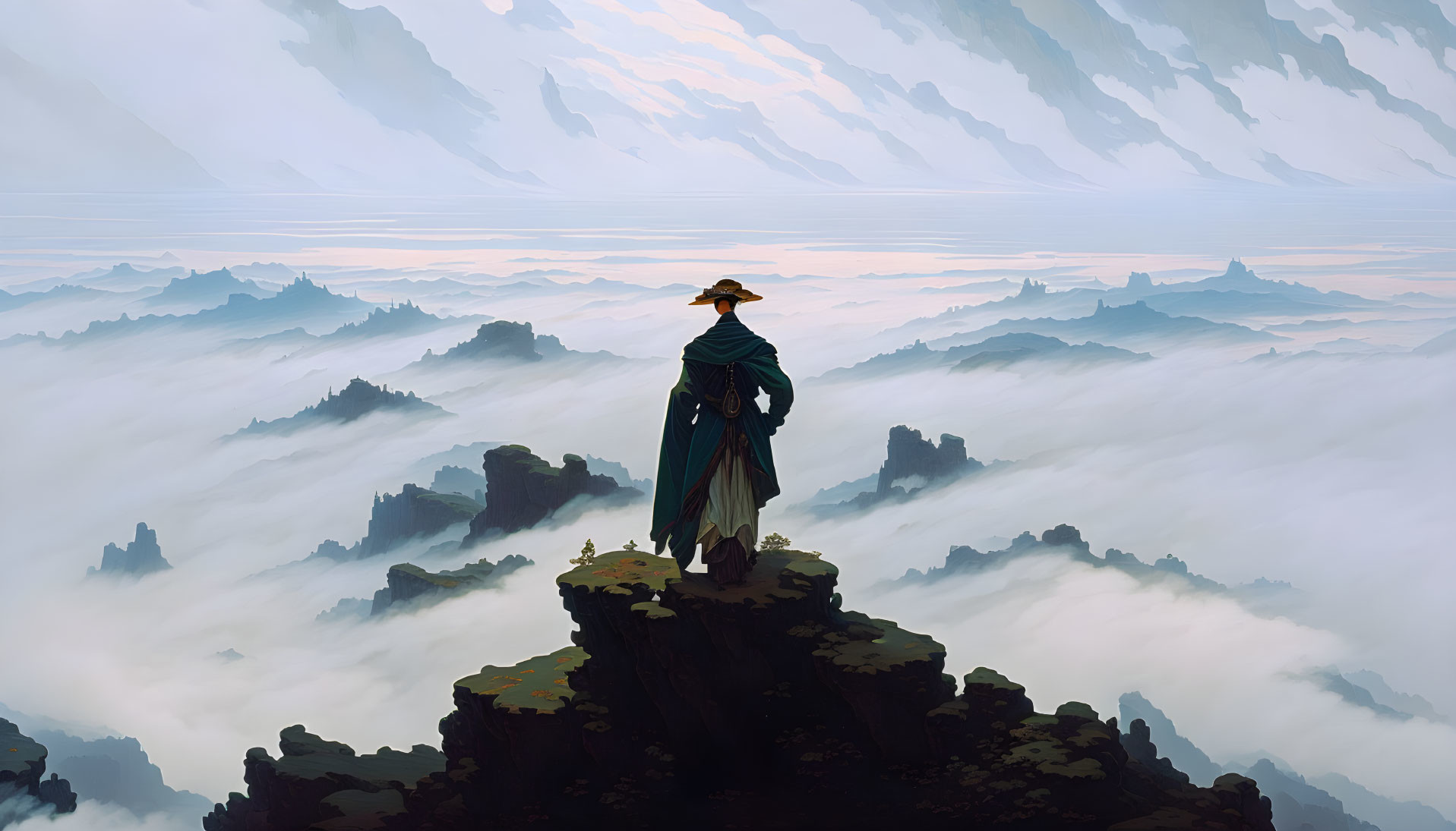Figure in hat and cloak on mountain peak gazes at rugged landscape under dramatic sky