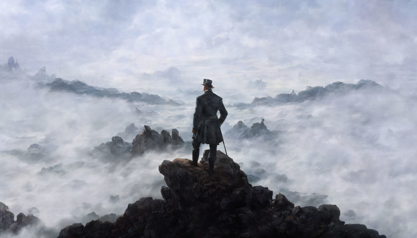 Figure in Coat and Hat Stands on Rocky Peak Amid Cloud-Covered Mountains