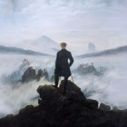 Figure in hat and cloak on mountain peak gazes at rugged landscape under dramatic sky