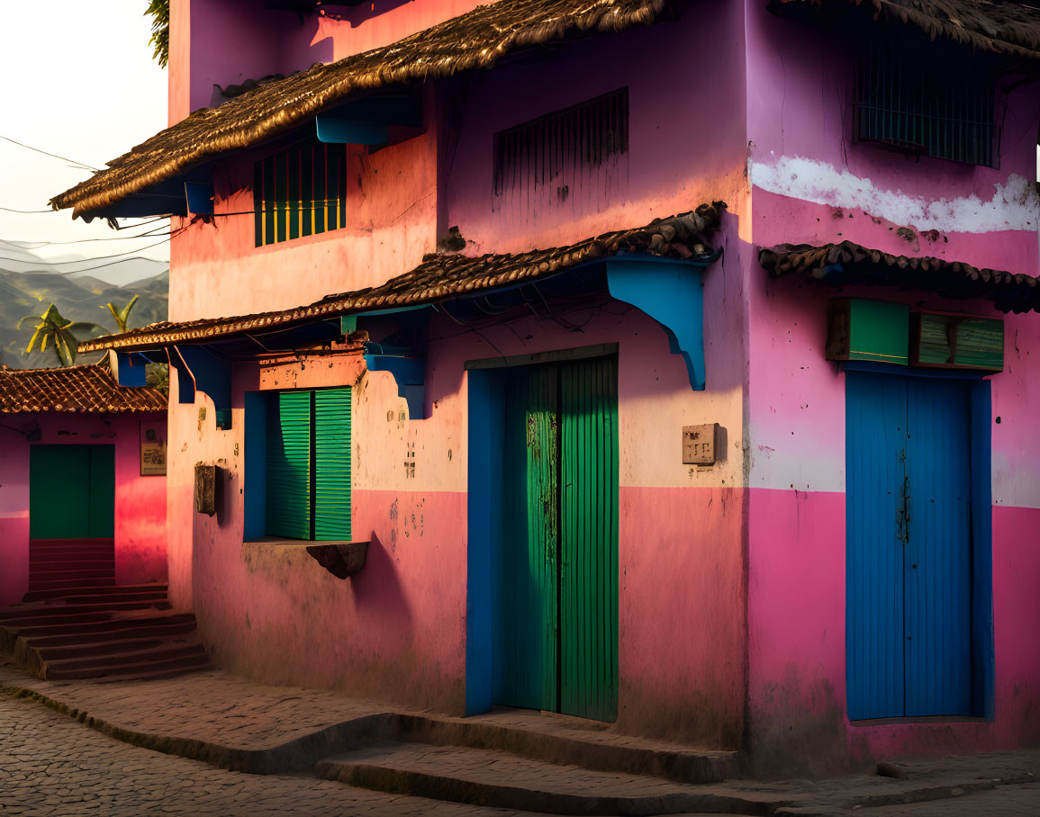 Vibrant Pink and Blue Traditional Buildings at Sunset