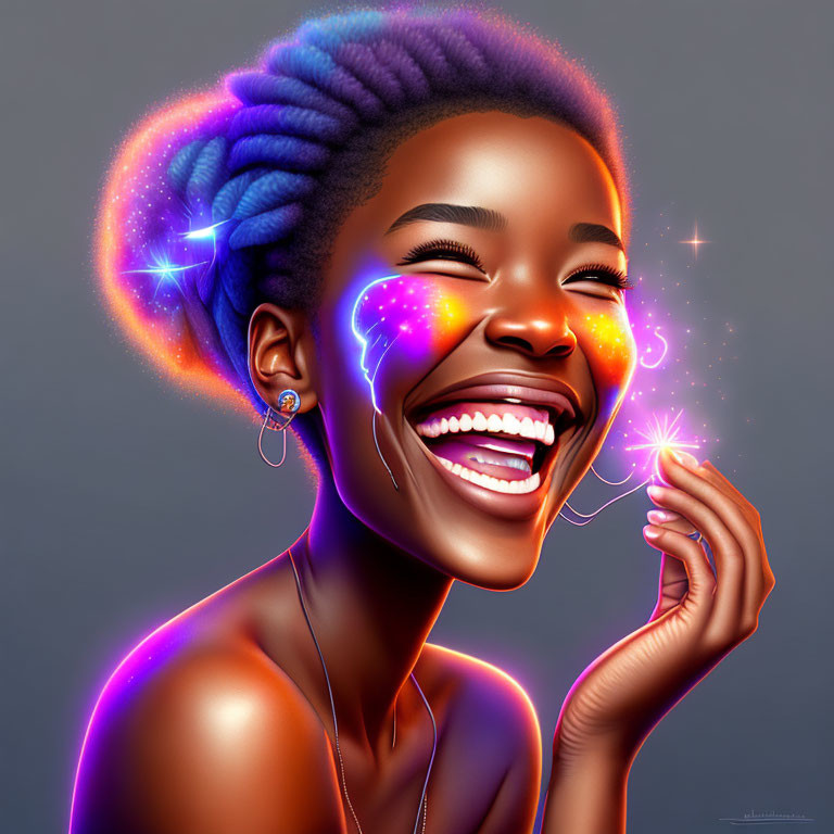 Colorful digital artwork: Smiling woman with glowing cheeks on grey background