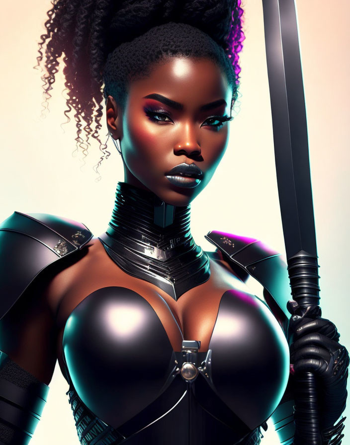 Elaborately braided hair woman in futuristic black armor with sword
