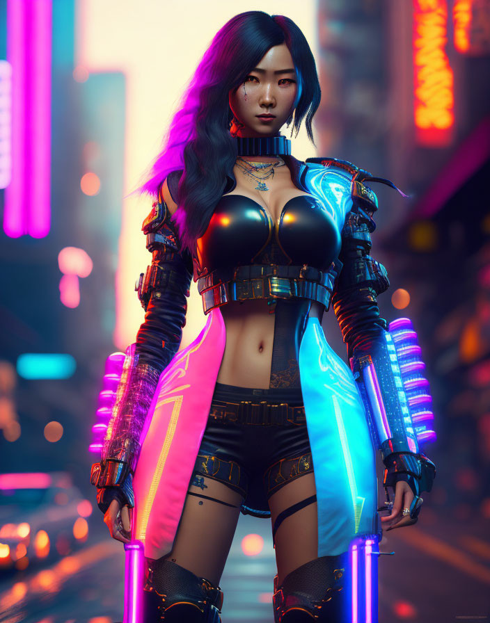 Neon-lit cybernetic armor on futuristic female character