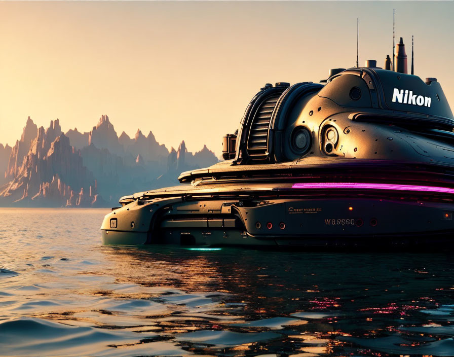 Futuristic submarine with Nikon branding on surface, sea at sunset, jagged mountains.