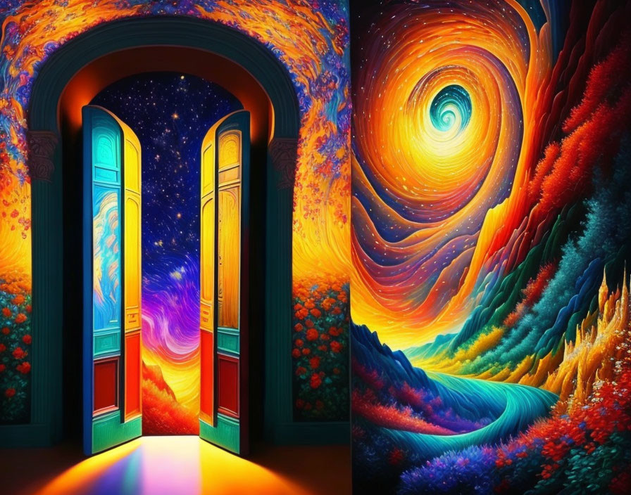 Colorful artwork: Open doorway, stars, winding path, luminous landscape, cosmic sky.