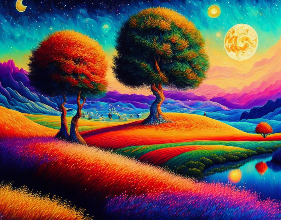 Colorful surreal landscape with rolling hills, whimsical trees, and moonlit sky.