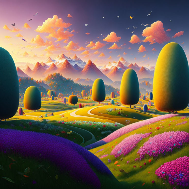 Vibrant landscape with colorful hills, flower fields, egg-shaped trees, and mountains at sunset