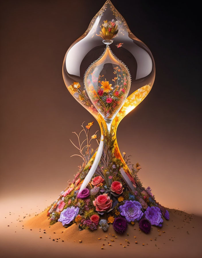 Surreal hourglass with flowing center and vibrant flowers on colorful backdrop