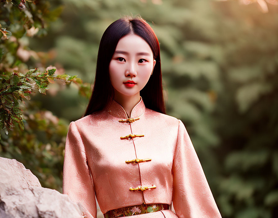 Traditional Asian Woman Poses Amid Green Foliage