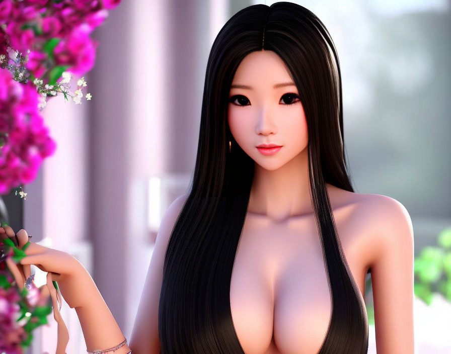 3D render of woman with long black hair and red lipstick near pink flowers
