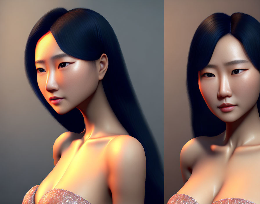 Comparison of 3D woman in elegant hairstyle under different lighting setups