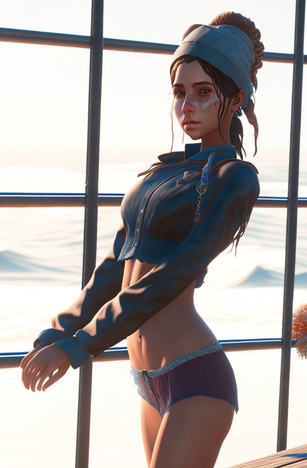 Digital artwork: Female character in blue crop top and underwear, contemplating by sunset ocean view.