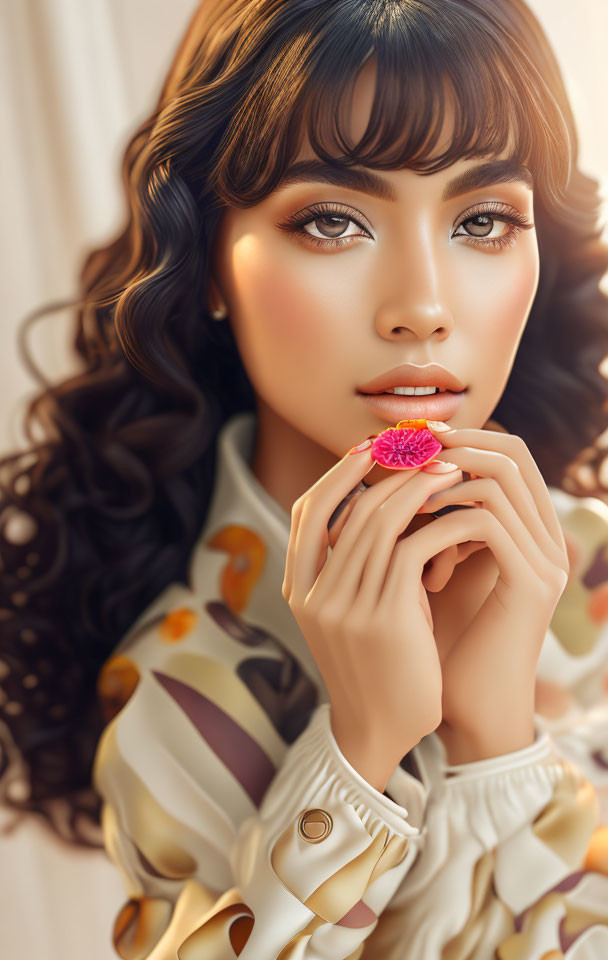 Curly-haired person with pink flower, bright makeup, and patterned blouse gazing at camera