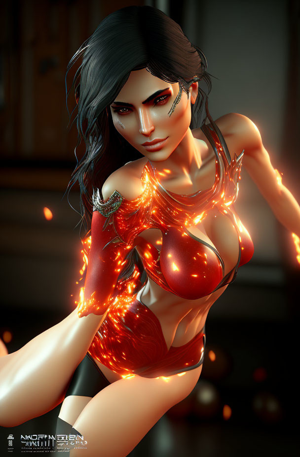 Female character in glowing red armor with fiery effects poses dramatically