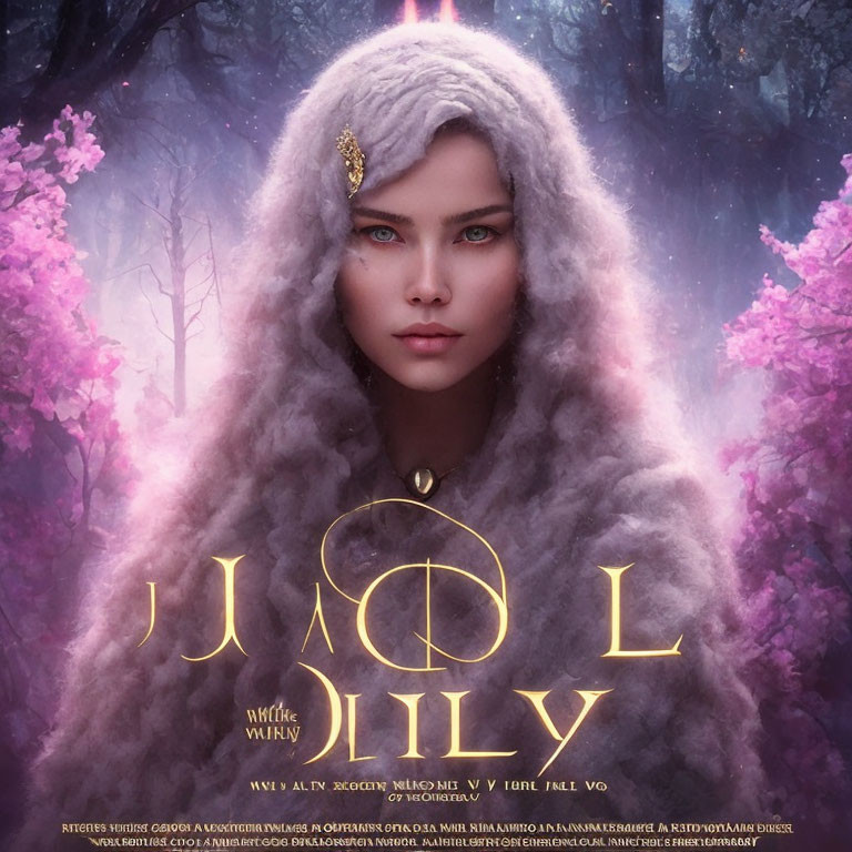 Woman with blue eyes in fur hood surrounded by mystical purple foliage and "LILY" text for