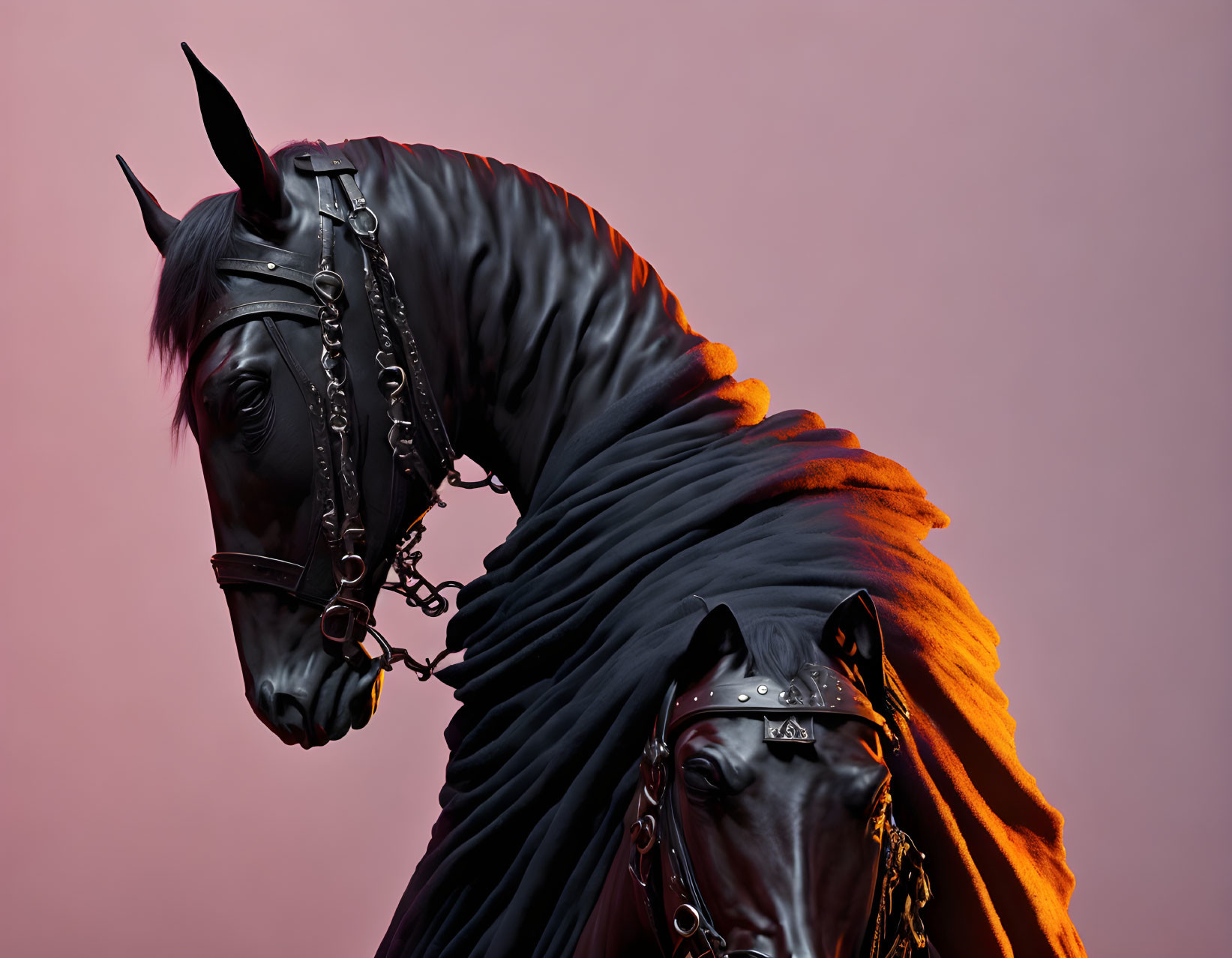 Majestic black horse with leather harness in vibrant orange cloth