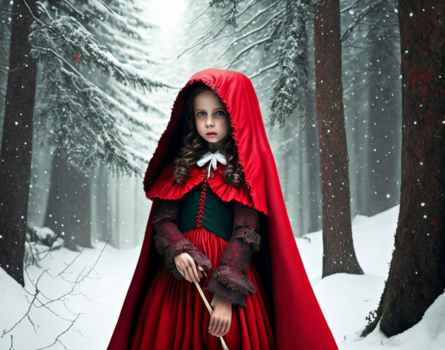 Young girl in red cloak in snowy forest reminiscent of classic character