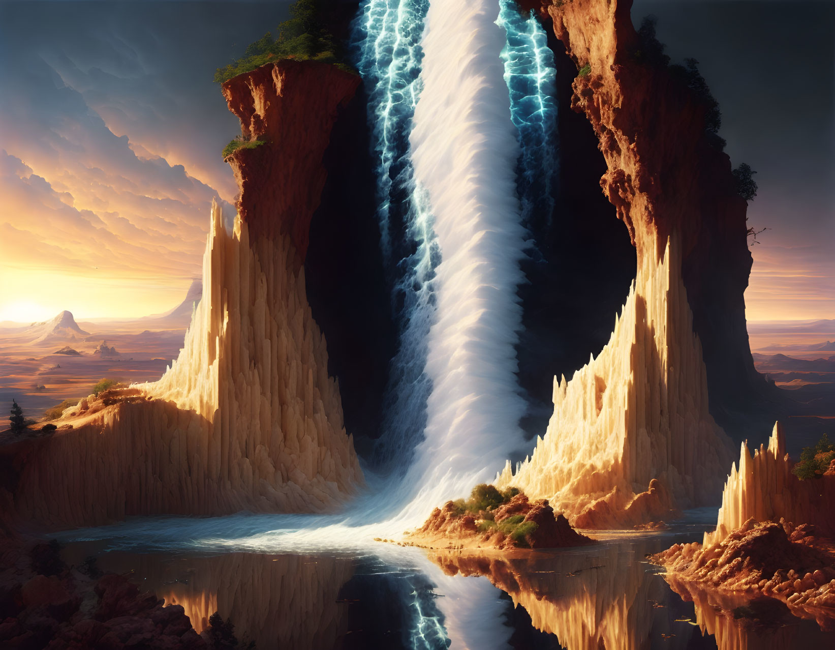 Majestic waterfall between towering cliffs at golden sunset
