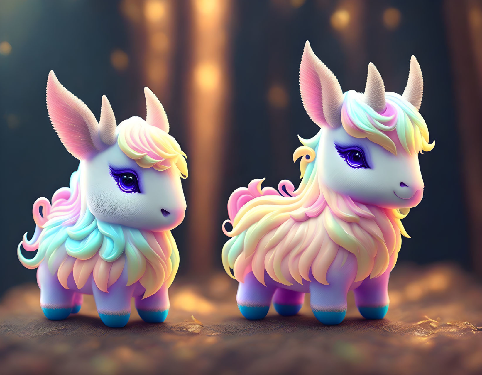 Colorful Stylized Unicorns with Pastel Manes in Mystical Forest