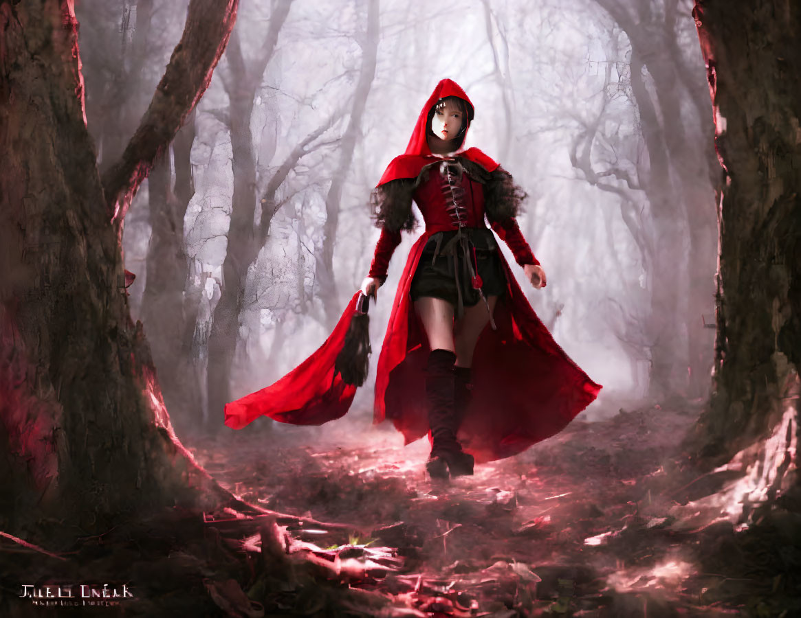Person in red hooded cloak in mystical forest with ethereal lighting