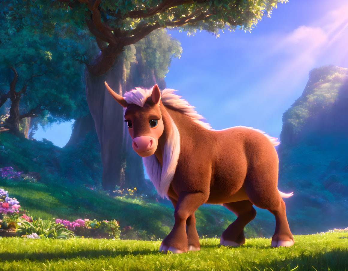 Brown Pony with Pink Mane in Sunlit Forest Glade