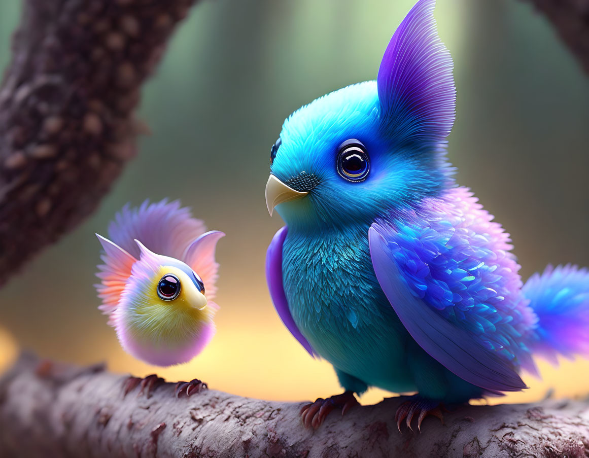Colorful Fantasy Birds with Oversized Eyes on Tree Branches in Blue and Purple Feathers