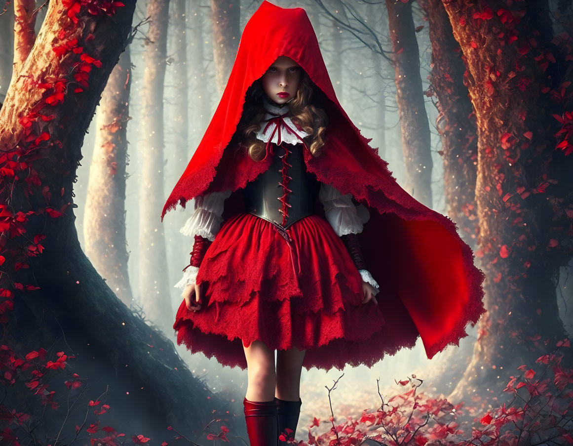 Person in Vibrant Red Cape and Dress in Mystical Forest with Red Foliage
