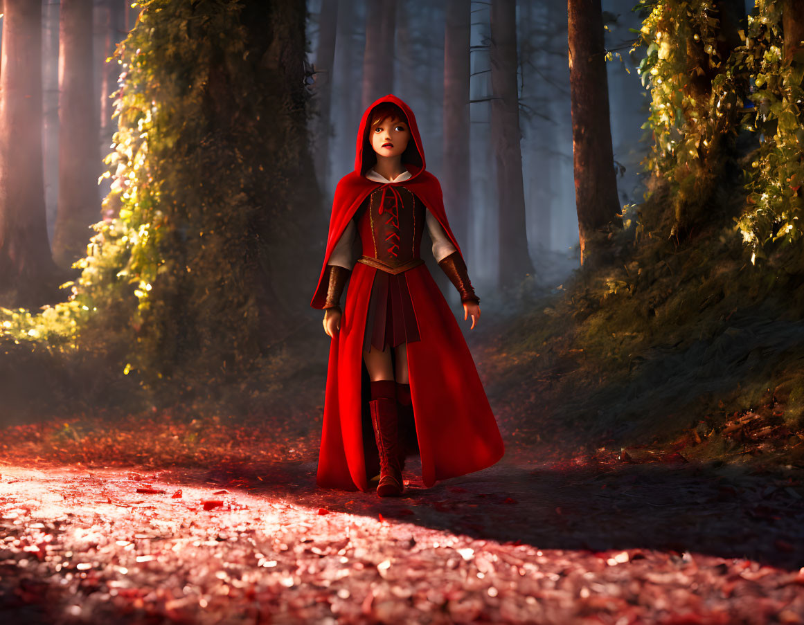 Girl in Red Cloak Stands in Sunlit Forest with Red Foliage