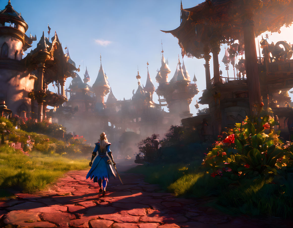 Blue character near ornate fantasy city at sunset with lush greenery.