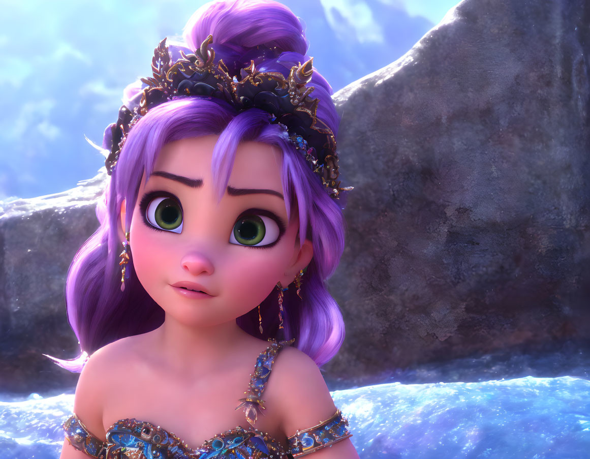 Regal 3D animated character with purple hair and green eyes in icy setting