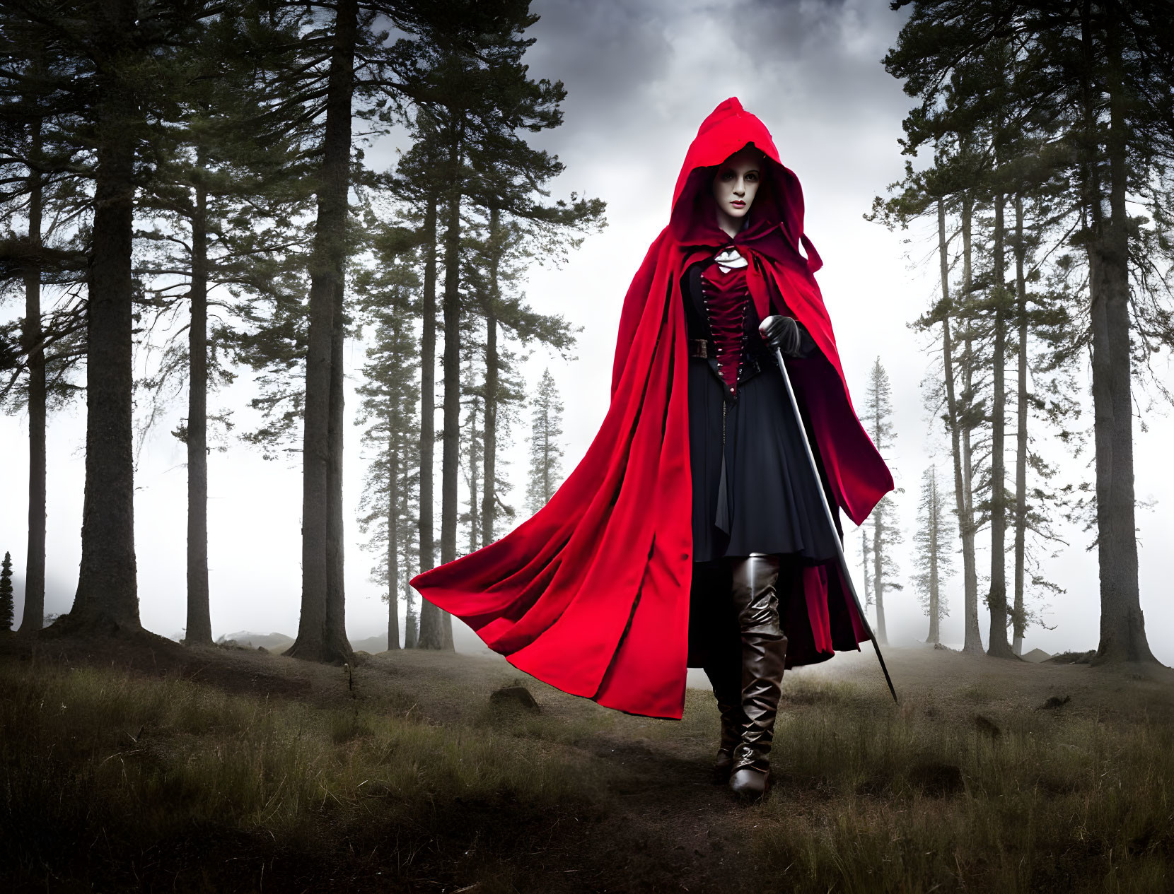 Person in Red Cloak Stands in Misty Forest with Fairy Tale Vibes