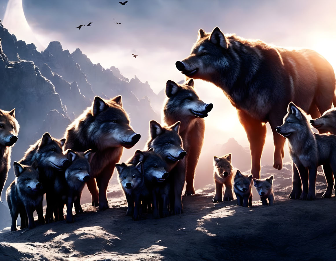 Pack of wolves on rocky terrain with giant wolf and birds under dramatic sky