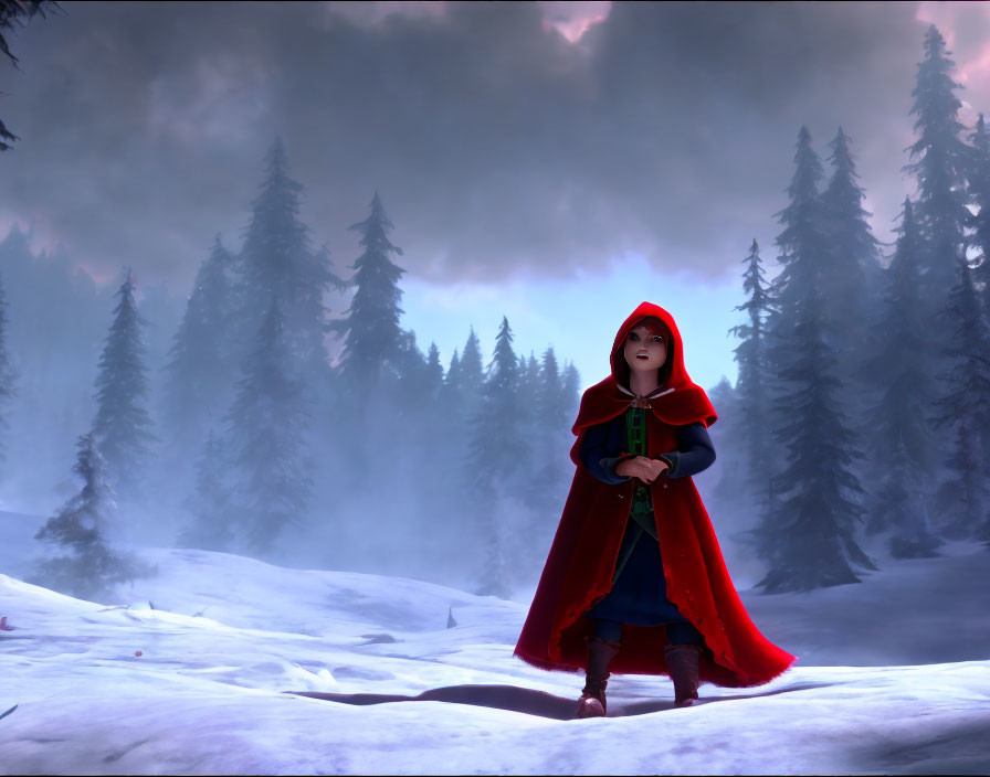 Child in Red Cloak Stands in Snowy Forest under Dark Clouds