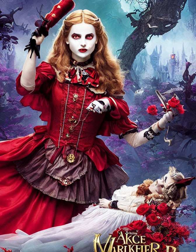 Woman in dark fairytale makeup with scepter and scissors in enchanted forest