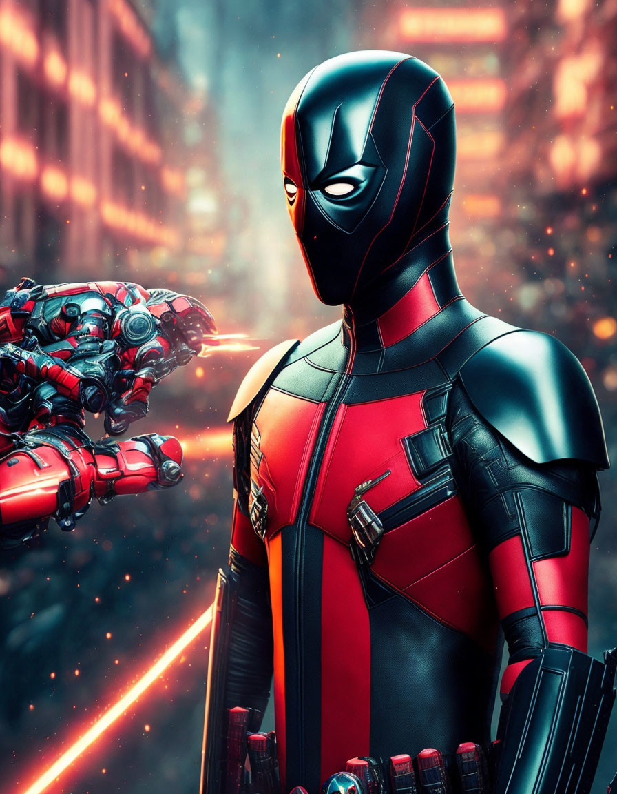 Red and black superhero in profile against futuristic cityscape with robotic figure.