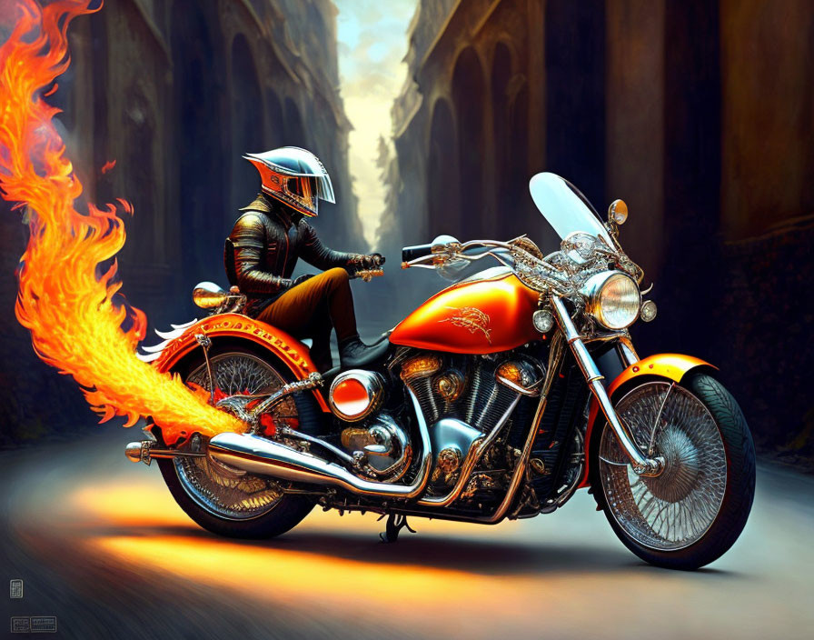 Person in Black Outfit on Orange Motorcycle in Narrow Sunlit Alley