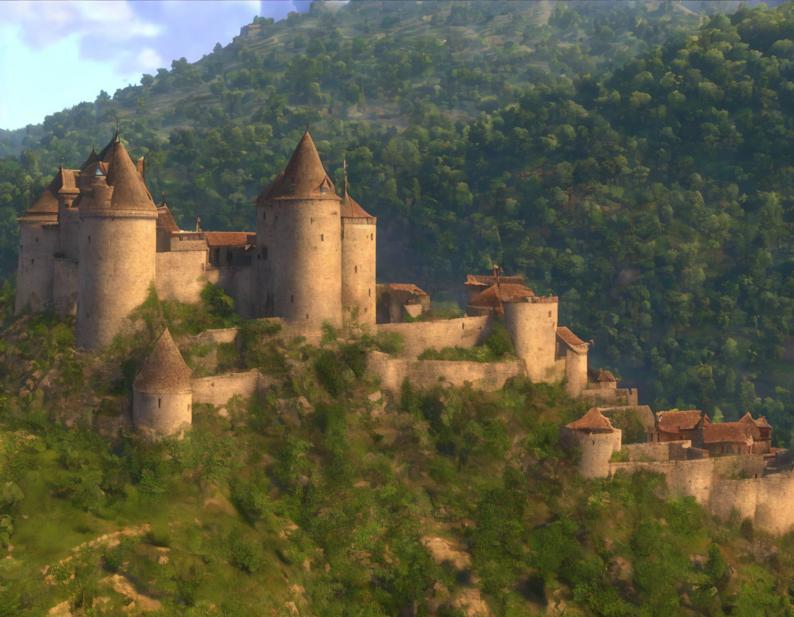 Medieval castle with multiple towers on lush green hillside