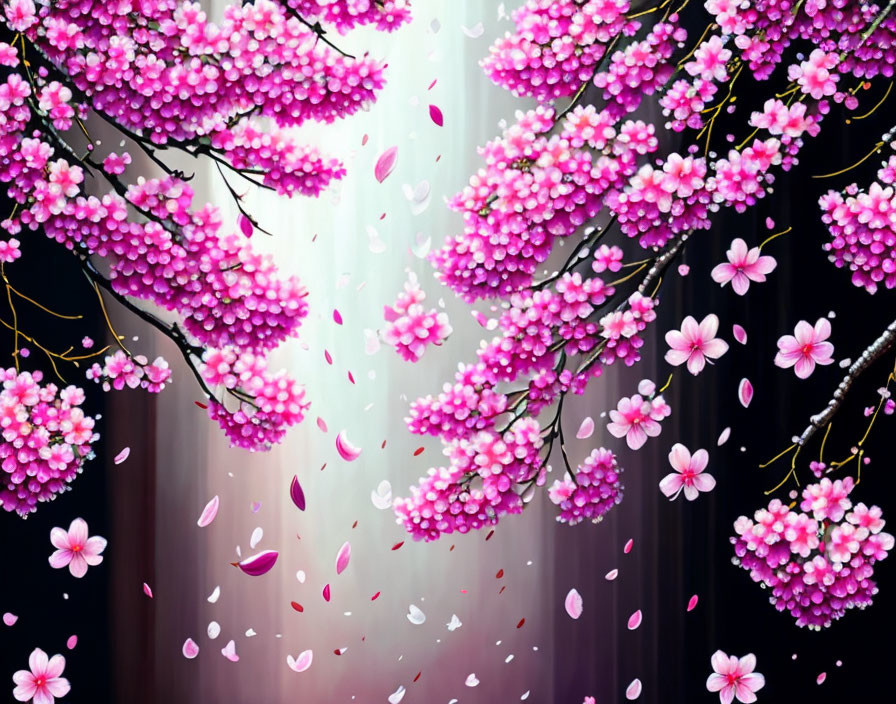 Blooming cherry blossoms in serene forest setting